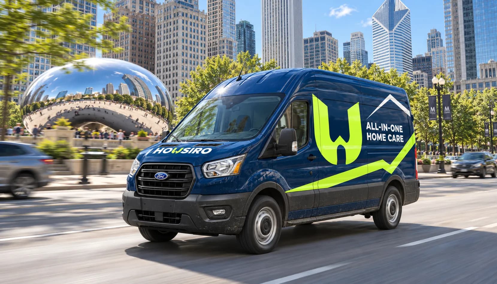 A navy Housiro van with the lime mark on its side, driving through downtown Chicago.