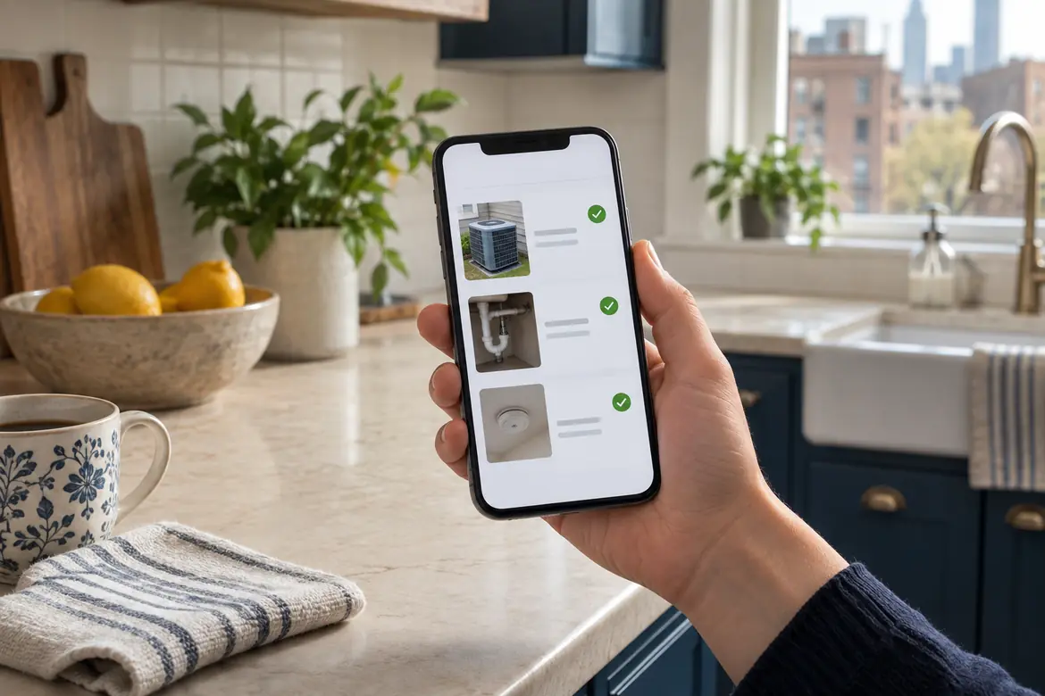 A phone held above a kitchen counter, showing a visit report with photographs on it.