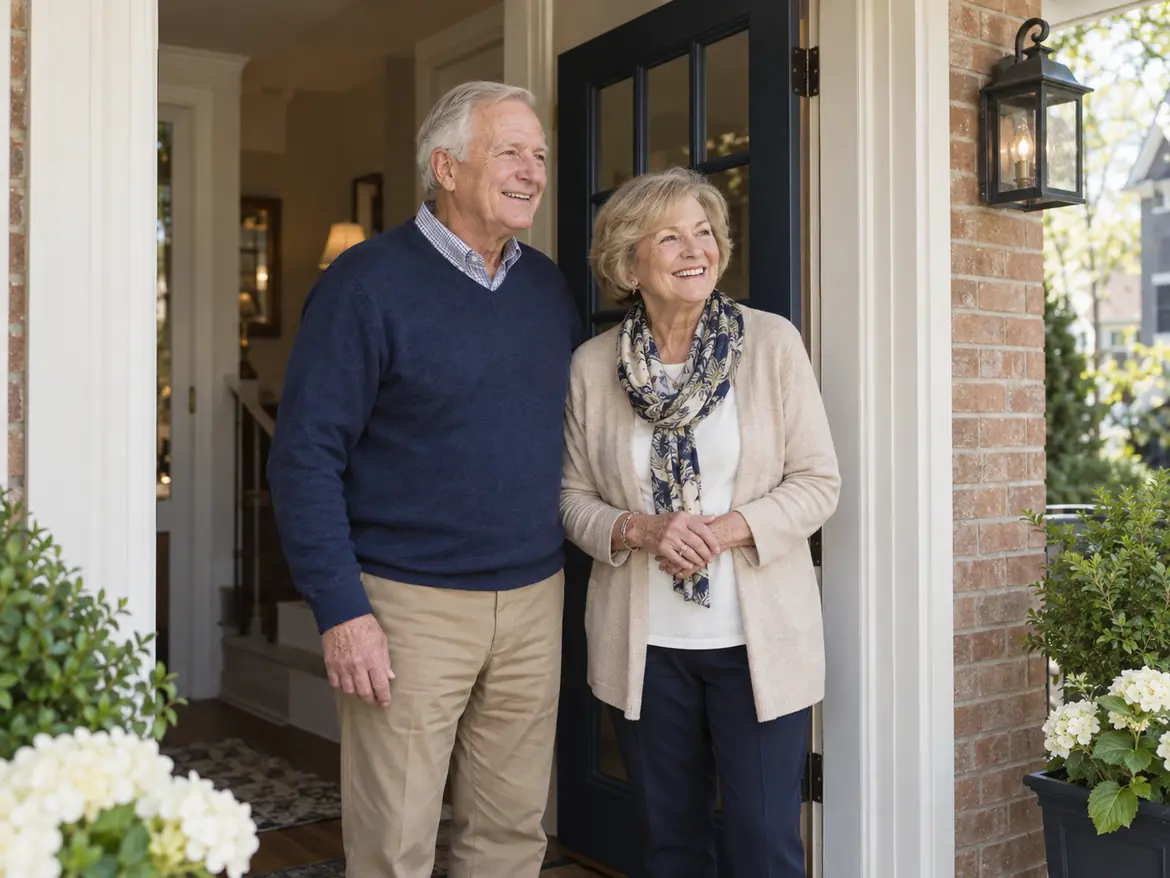 An older couple in their own doorway, one of them holding the storm door open.